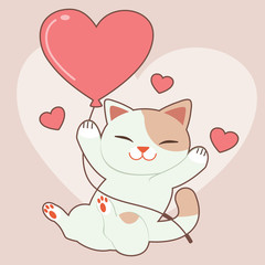 The character of cute cat grabs the heart balloon on the pink background. The character of cute cat with the heart balloon in love theme. The character of cute cat in flat vector style.