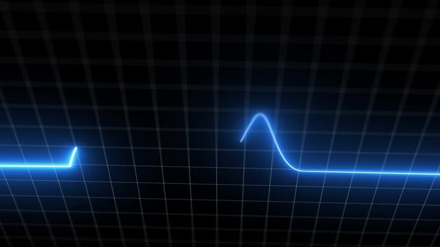 Blue heartbeat monitor EKG line monitor with moving camera processing heartthrob display. Electrocardiogram medical screen graph of heart rhythm on black background with white grid. 4K footage video