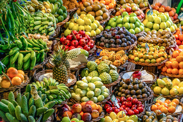 Fresh exotic fruits on famous market in Funchal Mercado dos Lavradores Madeira island, Portugal