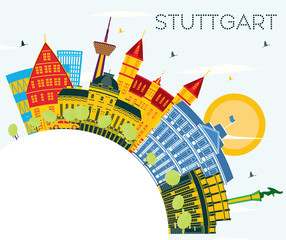 Stuttgart Germany City Skyline with Color Buildings, Blue Sky and Copy Space.