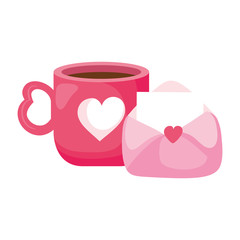 envelope mail with heart and cup coffee vector illustration design