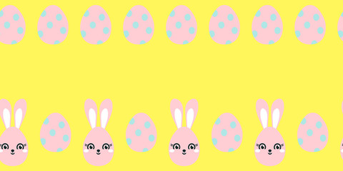 Easter seamless border with easter eggs and bunny . Hand drawn on yellow background.