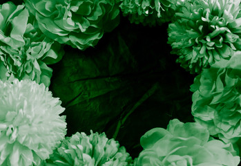 Beautiful abstract color white and green flowers graphic on black background and black flower frame...