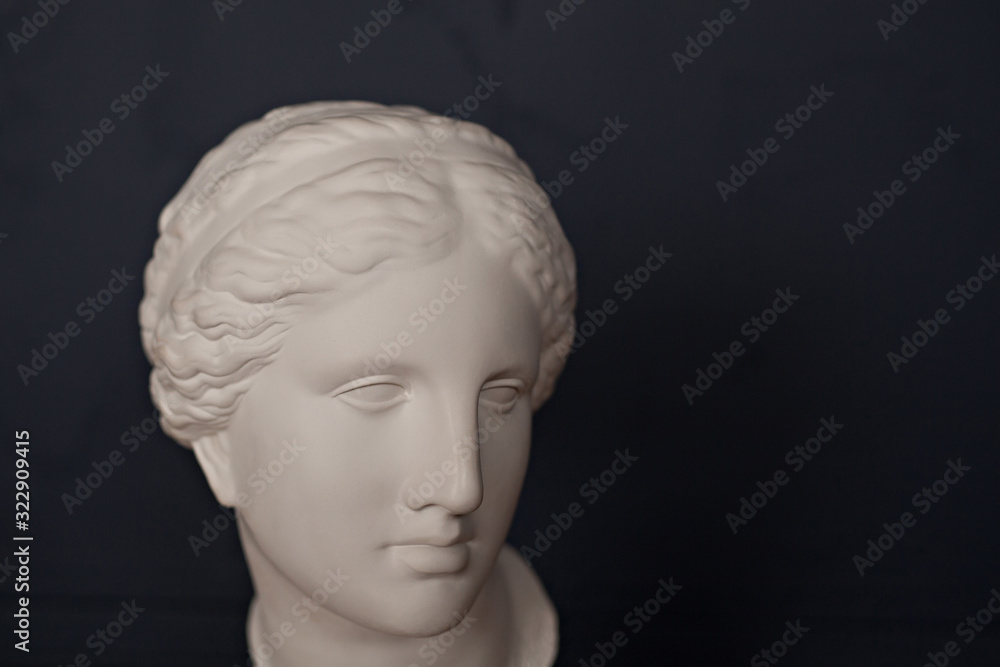 Wall mural Gypsum copy of ancient statue Venus head  on dark blue background. Plaster sculpture woman face.