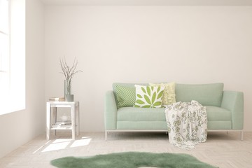 Stylish room in white color with sofa. Scandinavian interior design. 3D illustration