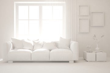 Mock up of stylish room in white color with sofa. Scandinavian interior design. 3D illustration