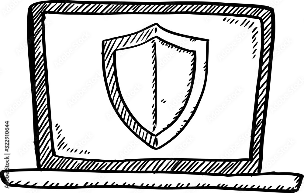 Poster cartoon style doodle of notebook with security shield on screen. vector sketch style illustration.