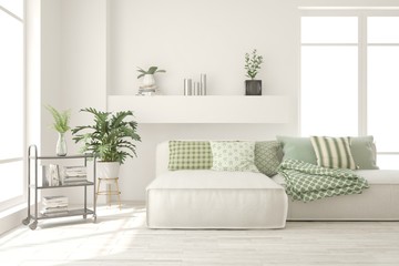 Stylish room in white color with sofa. Scandinavian interior design. 3D illustration