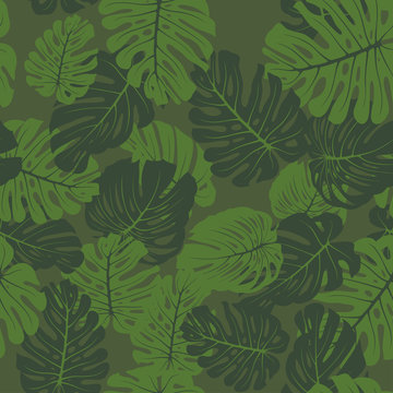 Monstera camouflage seamless tropical pattern. Leaves camo with tropical plants. Exotic background, fashion jungle print for design. Vector wallpaper © Юрий Парменов