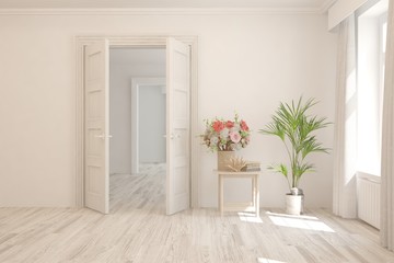 Empty room in white color. Scandinavian interior design. 3D illustration