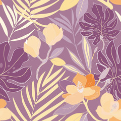 Leaves, twigs and flowers artistic seamless pattern.