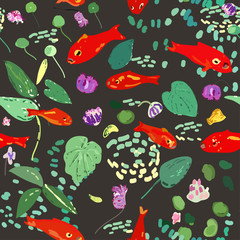 Fototapeta na wymiar Red fish on a beige background, leaves, algae and flowers. Seamless vector pattern based on Matisse oil painting.