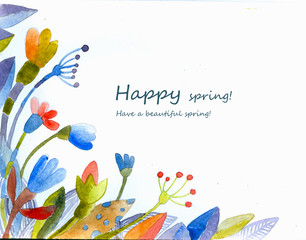 Watercolor spring card with flowers. handmade.