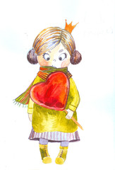 watercolor isolated little princess with a big candy heart