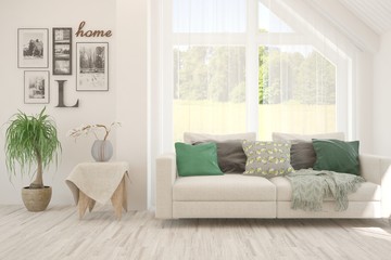 Stylish room in white color with sofa and summer landscape in window. Scandinavian interior design. 3D illustration