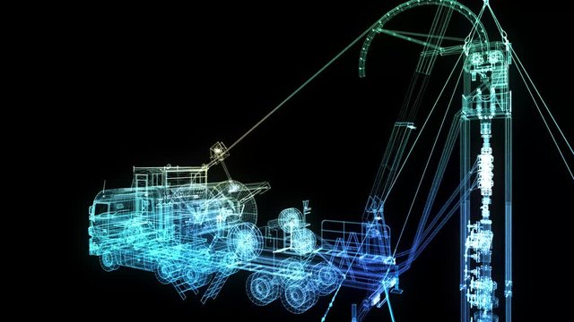 Truck machine for repair oil and gas field. Glow line formation of oiled tubing machine. Coil tubing. Digital technology visualization of 3d.