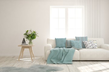 Stylish room in white color with sofa. Scandinavian interior design. 3D illustration