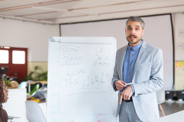 Business coach standing near whiteboard. Confident Caucasian manager doing presentation. Business training concept