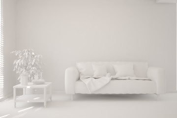 Mock up of stylish room in white color with sofa. Scandinavian interior design. 3D illustration
