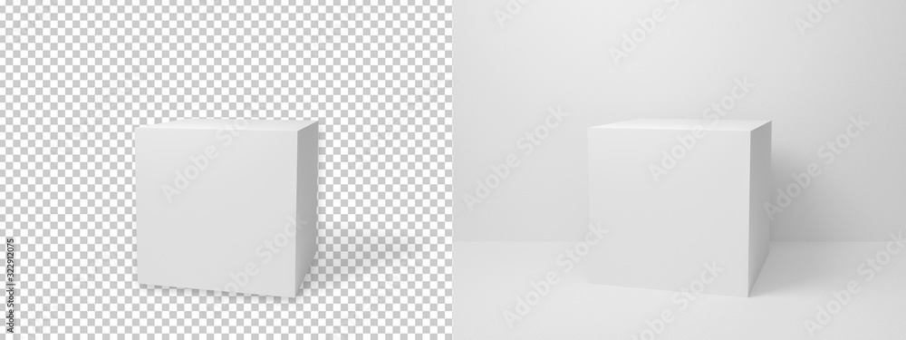 Poster abstract white cube isolated on transparent background with clipping path. realistic blank 3d box de