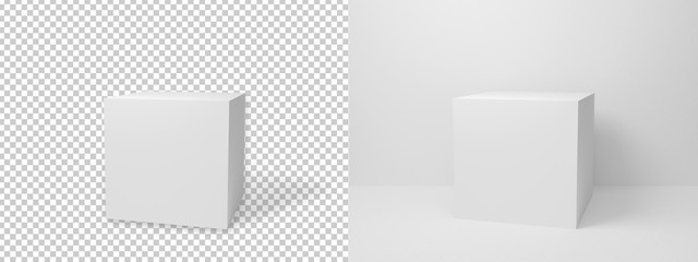 Abstract white cube isolated on transparent background with clipping path. Realistic blank 3d box design mock up. 3D rendering design for advertising product on website. Empty new block symbol.