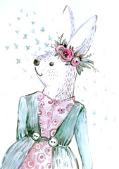 isolated watercolor portrait of a rabbit in a dress with a bouquet of flowers