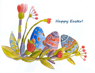 Watercolor card with flowers and colored eggs. Happy Easter!