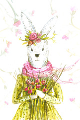 isolated watercolor portrait of a rabbit in a dress with a bouquet of flowers
