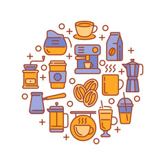 Round design with coffee elements isolated on white background. Vector illustration.