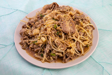 Fried Beef Brisket and mung bean sprout with soy sauce