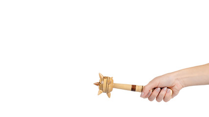 Wooden mace, medieval weapon. Decoration souvenir. Isolated.