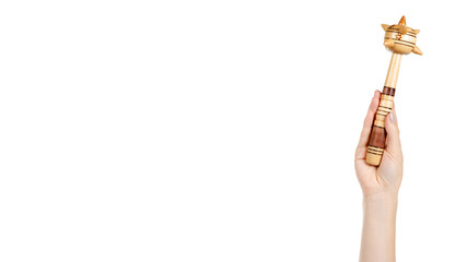 Wooden mace, medieval weapon. Decoration souvenir. Isolated.