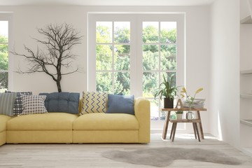 Stylish room in white color with sofa and summer landscape in window. Scandinavian interior design. 3D illustration