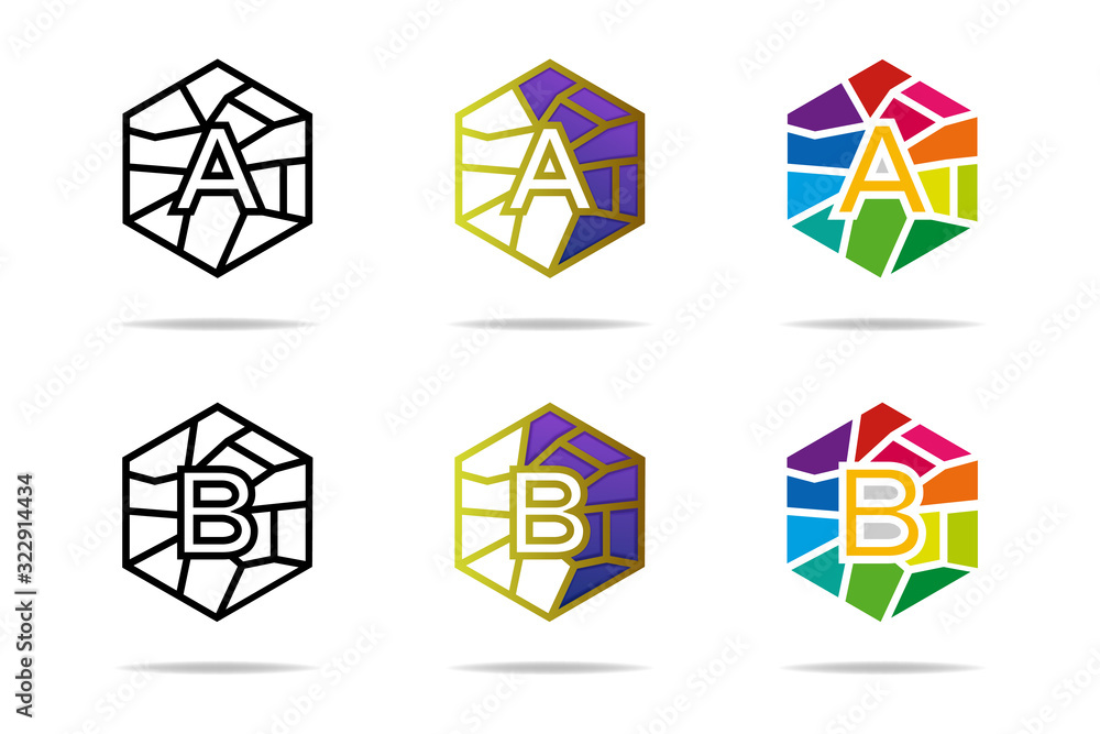 Poster set of geometric triangular low polygon alphabet letters a and b. colorful abstract logo elements. t