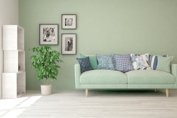 Stylish room in green mint color with sofa. Scandinavian interior design. 3D illustration