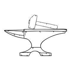Steel anvil with hammer, forge workshop. Line art style vector.