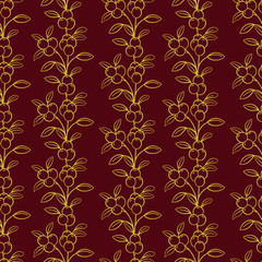 Vector seamless pattern with gold vertical berry twigs on dark red background; abstract natural design for fabric, wallpaper, packages, textile, wrapping paper, greeting cards, web design.