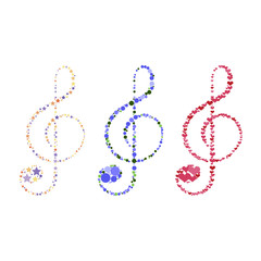 Set of musical design elements. Treble clef. Bright abstract vector illustration consisting of stars, hearts and circles. Musical note icon. 
