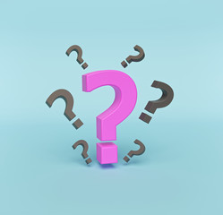 question marks isolated on pastel blue background. minimal style. concept for confusion. 3d rendering