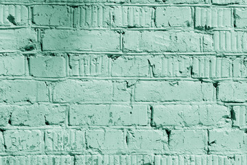 Fototapeta premium Painted brick wall close up. Abstract background green color toned