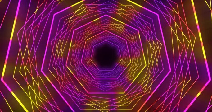 Vj futuristic neon tunnel in heptagon form. Popular multicolor neon pattern