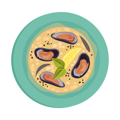 Soup with Seafood and Leaf Garnish Top View Vector Illustration