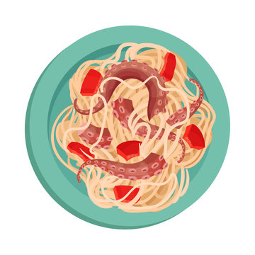 Pasta with Octopus and Sliced Pepper Top View Vector Illustration