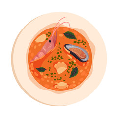 Soup with Seafood and Leaf Garnish Top View Vector Illustration
