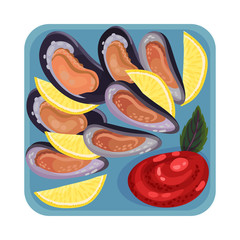 Oysters Rested on Plate with Lemon Garnish and Tomato Sauce Top View Vector Illustration
