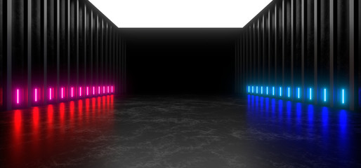 Beautiful composition of colored neon lights on a black background. 3d rendering image.