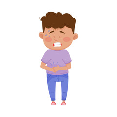 Little Boy Standing with His Hands on His Stomach Because of Pain Vector Illustration
