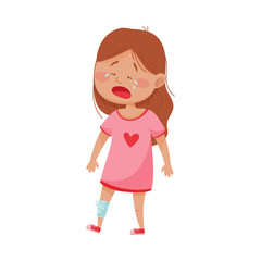 Little Girl Standing with Bandaged Leg and Crying Because of Pain Vector Illustration