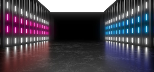 Beautiful composition of colored neon lights on a black background. 3d rendering image.