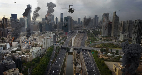Tel Aviv City Under attack in war aerial view Illustration Powerful Image Compositing Real drone Image with visual effects elements, of Israel Tel aviv city under attack With  smoke and Destroyed buil - obrazy, fototapety, plakaty